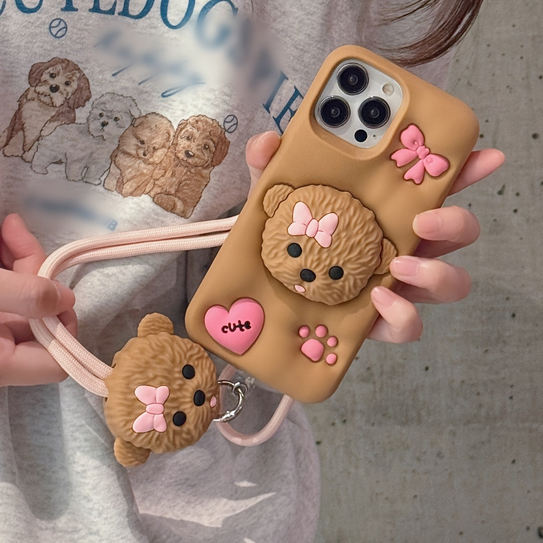 3D Teddy Dog Phone Case with Extendable Holder, Silicone Shockproof Protective Cover with Sculpture Design, Air Cushion Drop Protection, Compatible with iPhone 11 12 13 14 15 Pro Max Plus - Ideal for Easter, Valentine's Day,